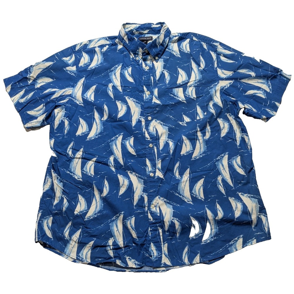 Lands End Blue SAIL BOAT AOP Shirt - Men XL 17-17.5 Traditional Fit